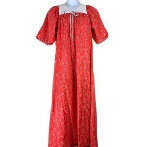 Vintage House Dress Red Floral 1/2 Sleeve Maxi Dress Tie Neck Size 10 Andrade